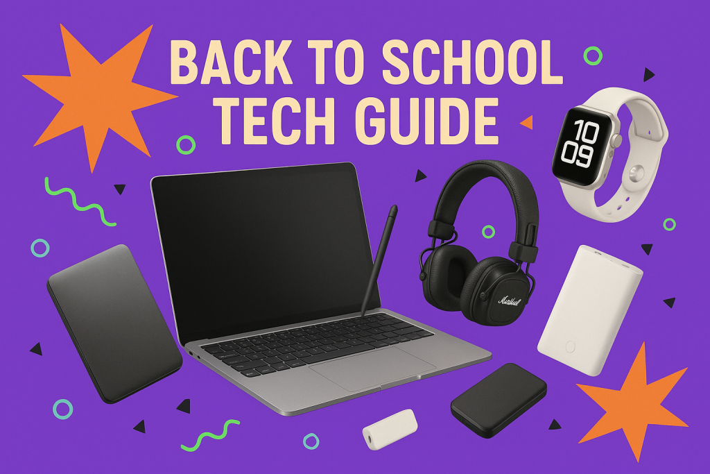 Εικόνα με τα απαραίτητα φοιτητικά gadgets για την επιστροφή στη σχολή: laptop, ακουστικά, smartwatch, tablet, powerbank και σχολική τσάντα.