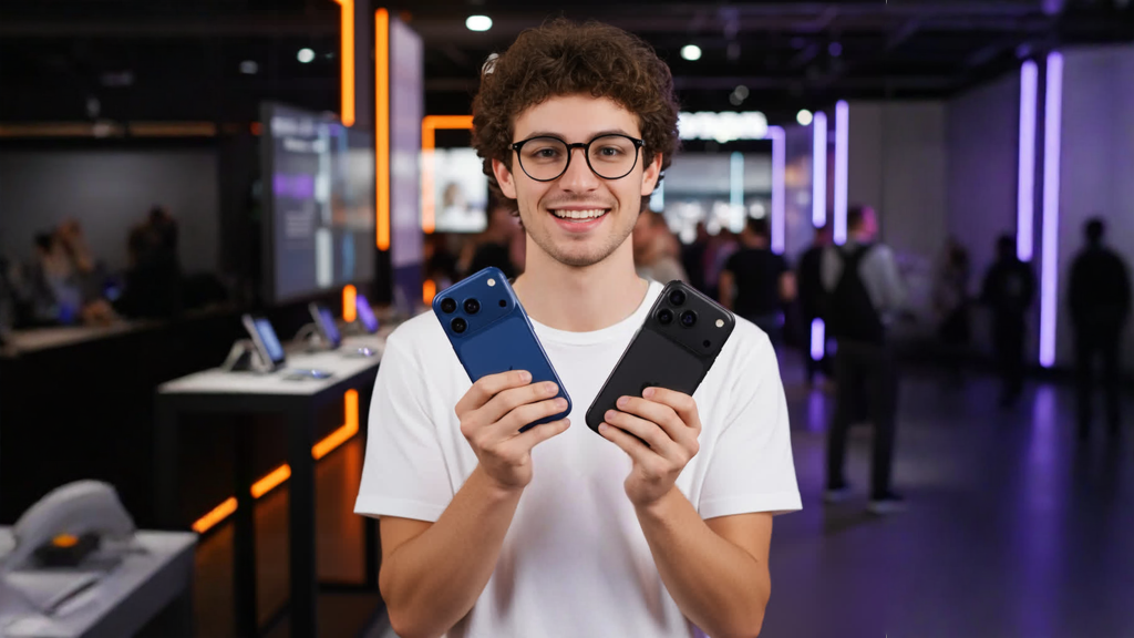 Ένας χαμογελαστός νεαρός άνδρας με σγουρά καστανά μαλλιά και γυαλιά, φορώντας ένα λευκό μπλουζάκι. Κρατάει δύο κινητά τηλέφωνα της σειράς iPhone 17. Το φόντο είναι το εσωτερικό ενός καταστήματος με κινητά τηλέφωνα και προϊόντα τεχνολογίας, με έντονο μωβ και πορτοκαλί φωτισμό.