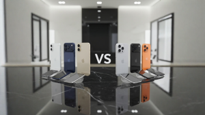 Μια συγκριτική εικόνα προϊόντων, χωρισμένη κάθετα στη μέση. Αριστερή πλευρά: Παρουσιάζεται η πλήρης σειρά iPhone 17 σε διάφορα χρώματα, όπως σκούρο μπλε, πορτοκαλί και ασημί. Τα τηλέφωνα είναι τοποθετημένα σε σειρά, με ελαφριά γωνία για να φαίνονται οι κάμερες. Το φόντο είναι ένας απαλός συνδυασμός μπλε και πορτοκαλί χρώματος. Δεξιά πλευρά: Παρουσιάζεται η πλήρης σειρά iPhone 16 σε κλασικά χρώματα, όπως μαύρο, γραφίτης, ασημί και χρυσό. Τα τηλέφωνα είναι τοποθετημένα με παρόμοιο τρόπο. Το φόντο είναι μονόχρωμο γκρι. Κέντρο: Ανάμεσα στις δύο πλευρές, υπάρχει το κείμενο "VS" με έντονα, μεγάλα, μαύρα γράμματα. Η αισθητική της εικόνας είναι καθαρή, μίνιμαλ και επαγγελματική, κατάλληλη για παρουσίαση προϊόντων τεχνολογίας.