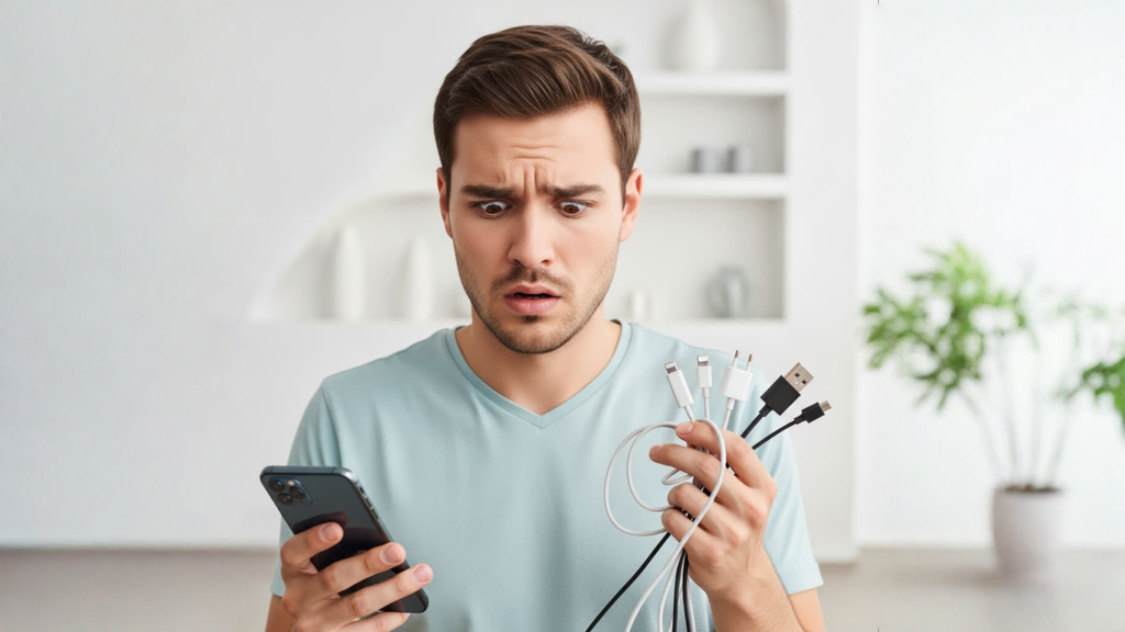 Ένας άντρας με έκφραση προβληματισμού, κρατάει στο αριστερό χέρι ένα Google Pixel 10 και στο δεξί χέρι καλώδια φορτιστών.