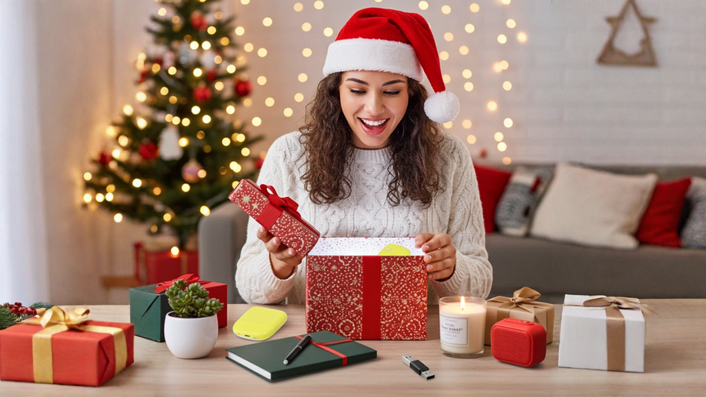 υναίκα με σκούφο Άγιου Βασίλη ανοίγει με ενθουσιασμό ένα δώρο, περιτριγυρισμένη από διάφορες ιδέες για Secret Santa.